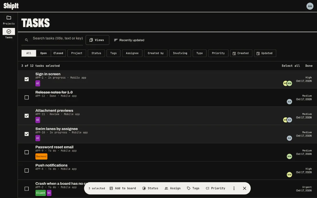 Three tasks selected on the Tasks screen with the bar of bulk actions: add to board, status, assign, tags, priority