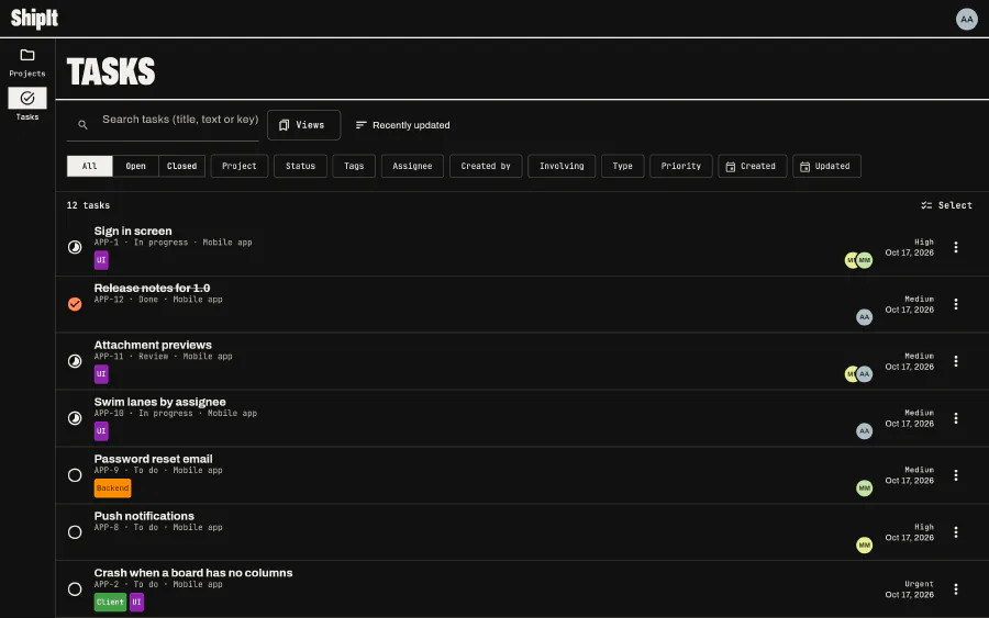 Tasks: Search and filter every project at once.