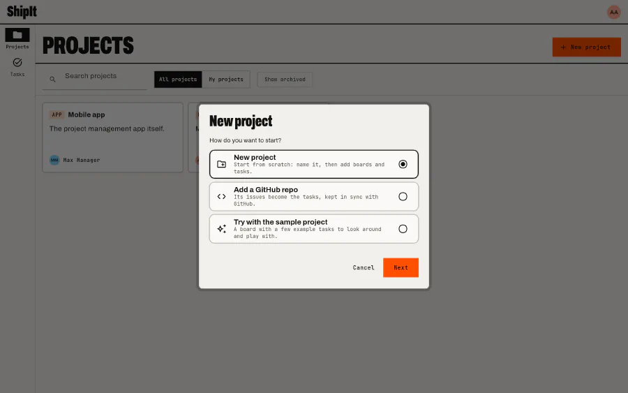 New project: Blank, from a GitHub repository, or the sample.