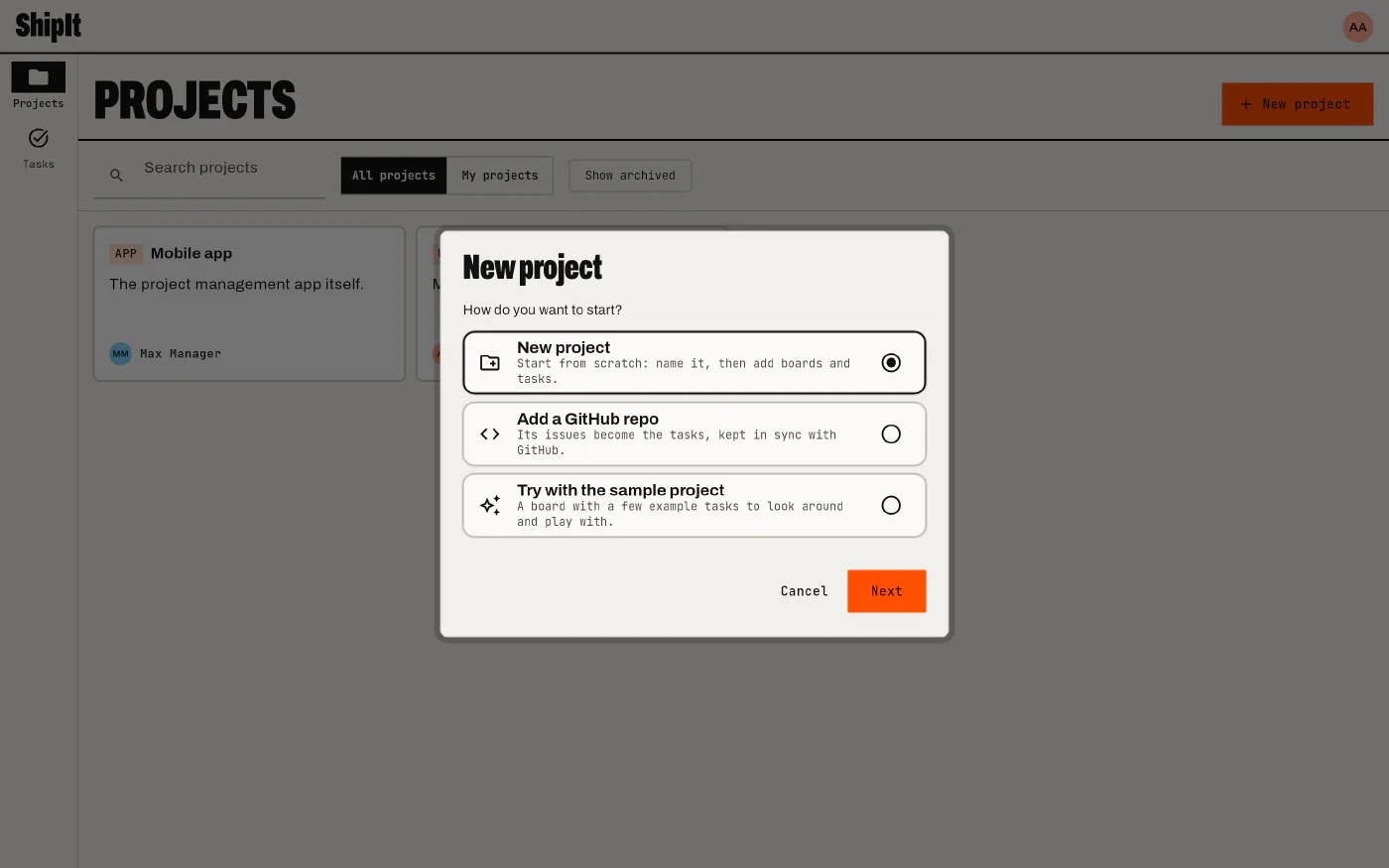 The New project wizard with three choices