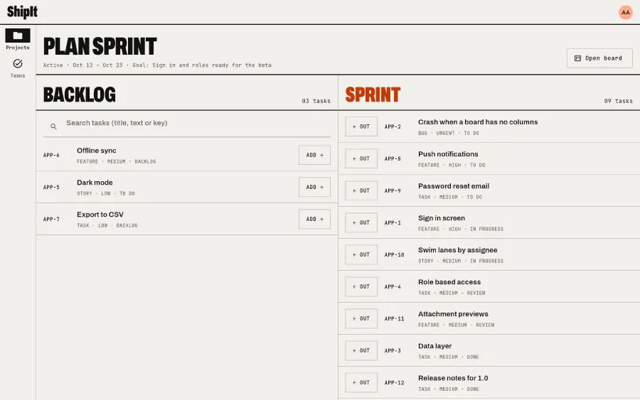 Sprint planning: Pick the sprint's tasks from the backlog.