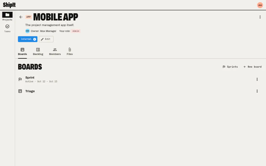 A project: Members, statuses, boards, tags and files.