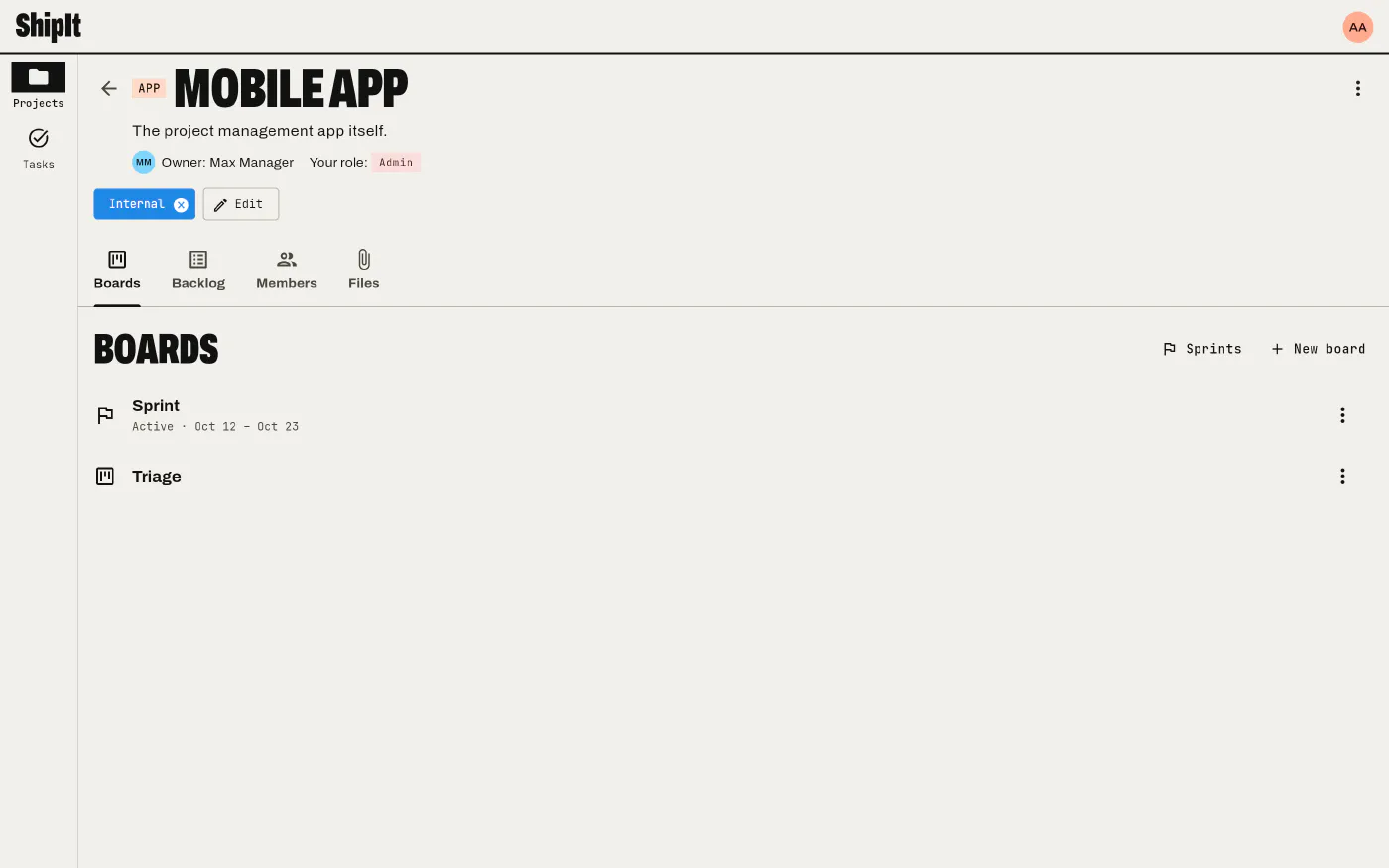 A project page with its members, statuses, boards and tags