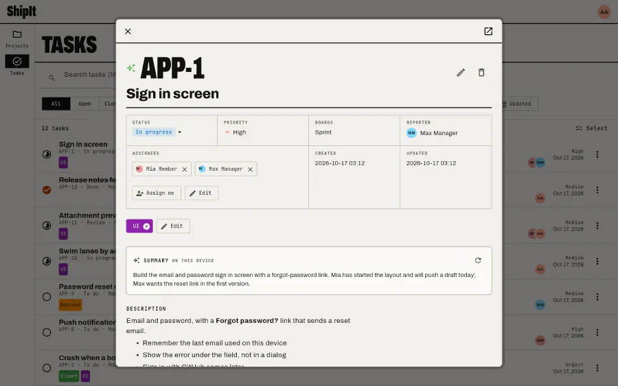A task in a dialog: With the summary written on the device.