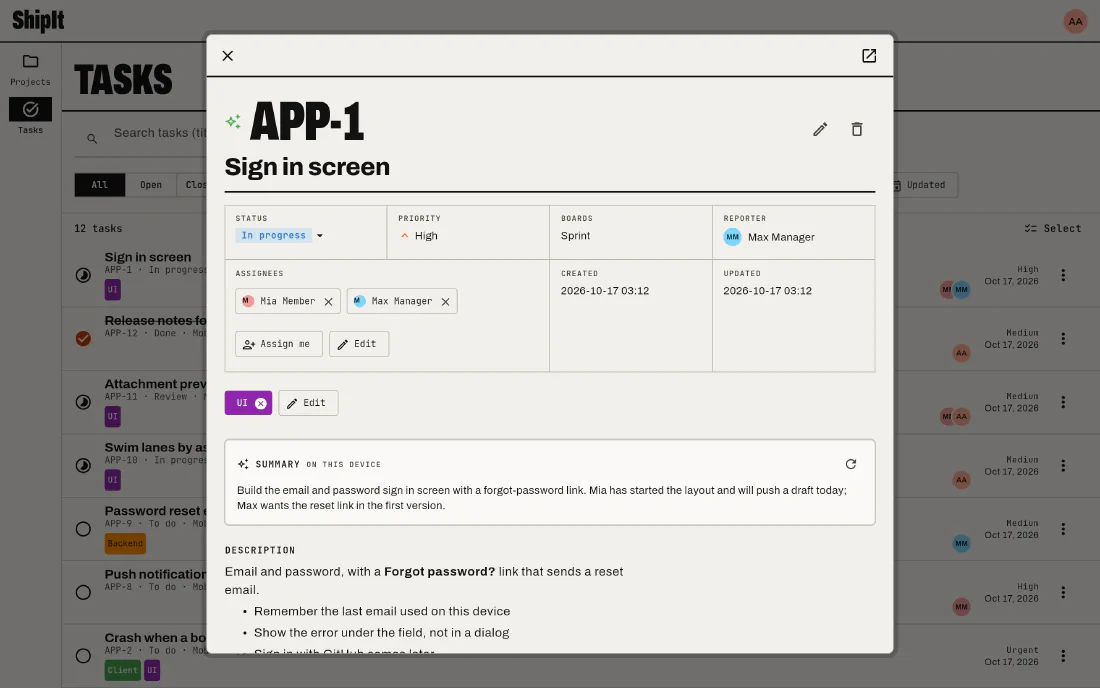 A task open in a dialog over the Tasks list: status, priority, boards, reporter, assignees, tags and an on-device summary