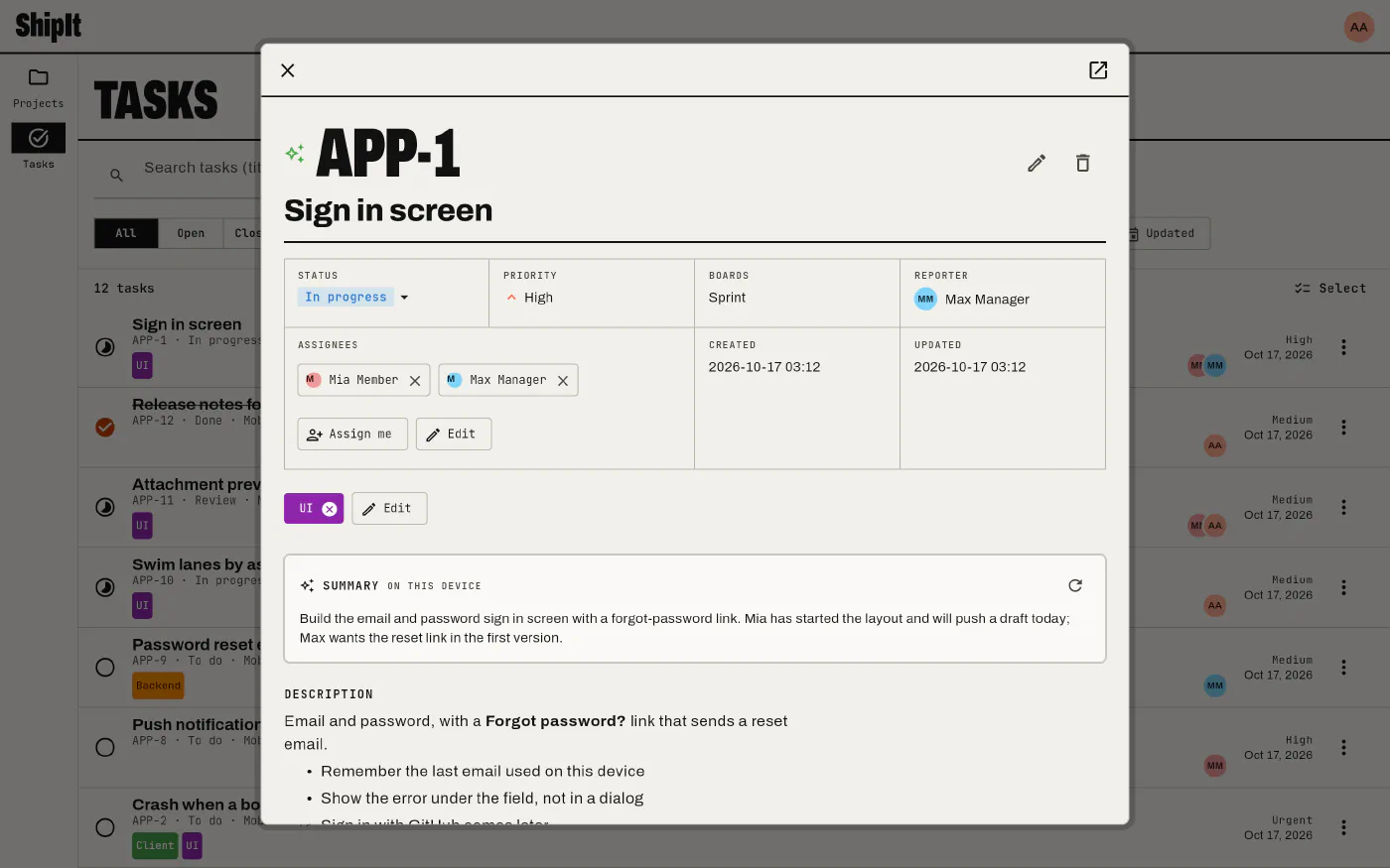 A task open in a dialog over the Tasks screen