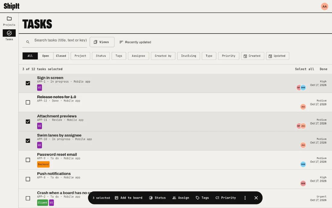 Three tasks selected on the Tasks screen with the bar of bulk actions: add to board, status, assign, tags, priority