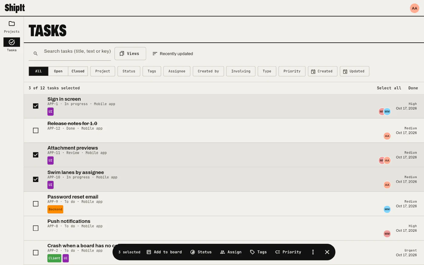 Three tasks selected on the Tasks screen, with the bar of actions at the bottom