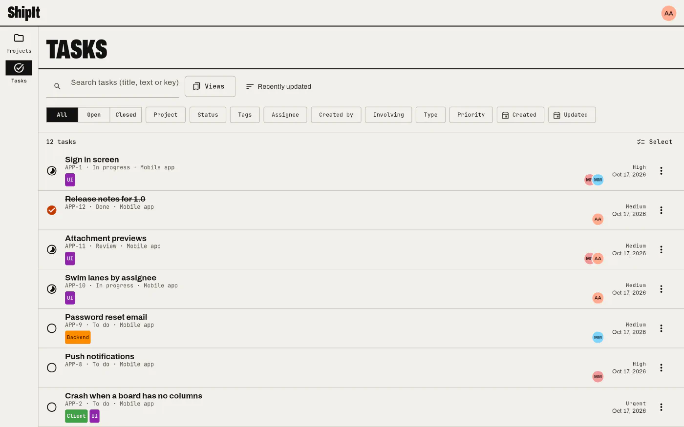 The Tasks screen with search, filters and the results