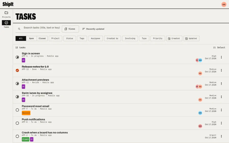 Tasks: Search and filter every project at once.