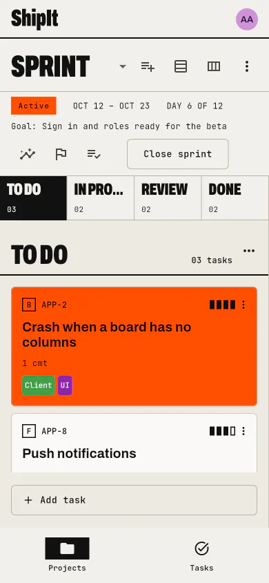 A sprint board: One column per status, dates, goal and progress.