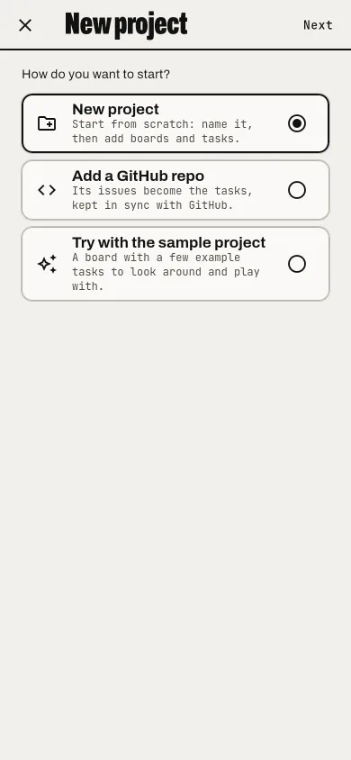 New project: Blank, from a GitHub repository, or the sample.