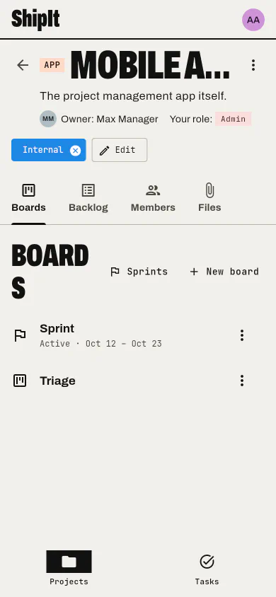 A project: Members, statuses, boards, tags and files.