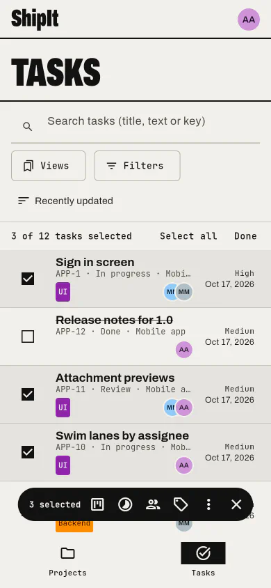 Several tasks selected: Change their status, assignees, tags or priority in one go.