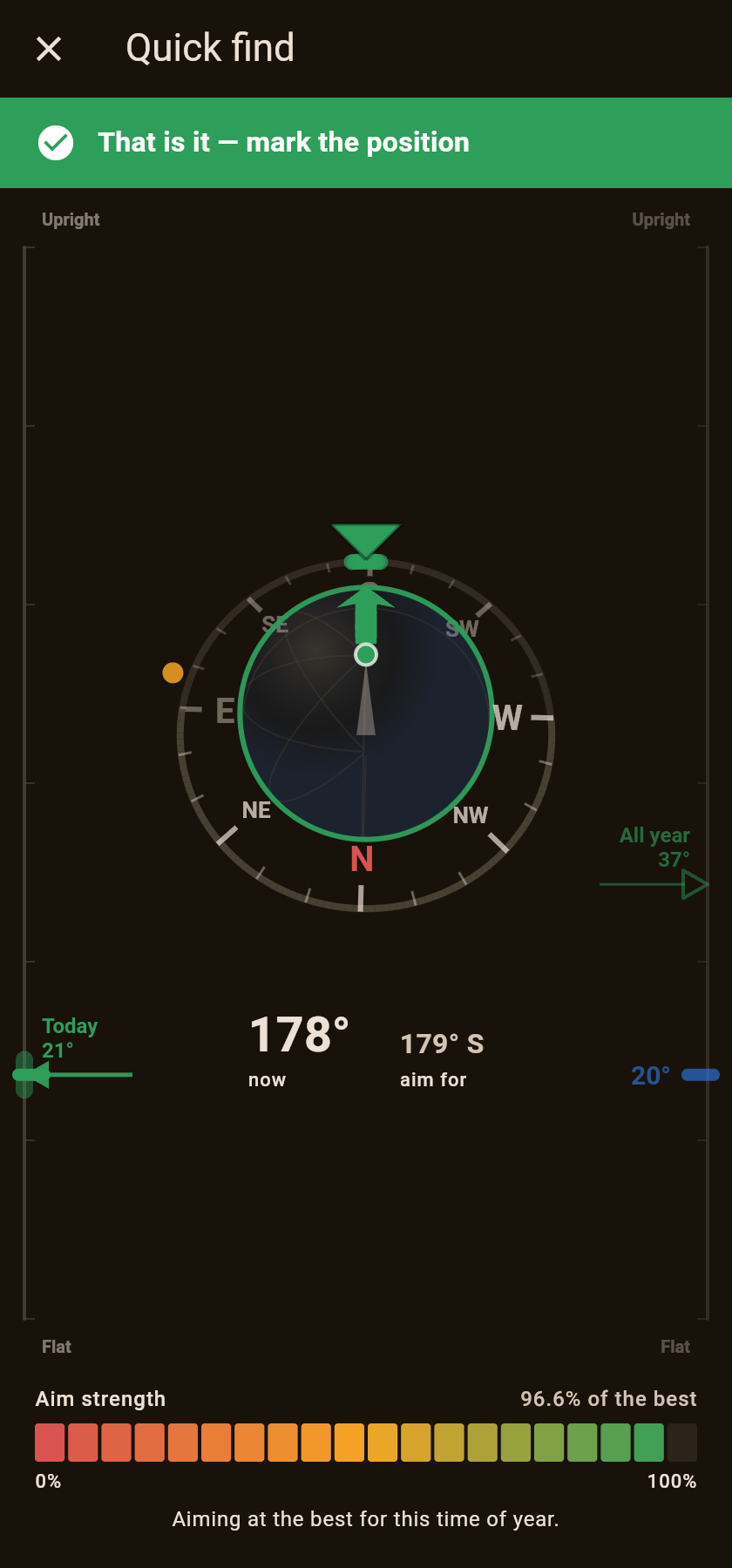 The quick find screen, green once the aim has landed