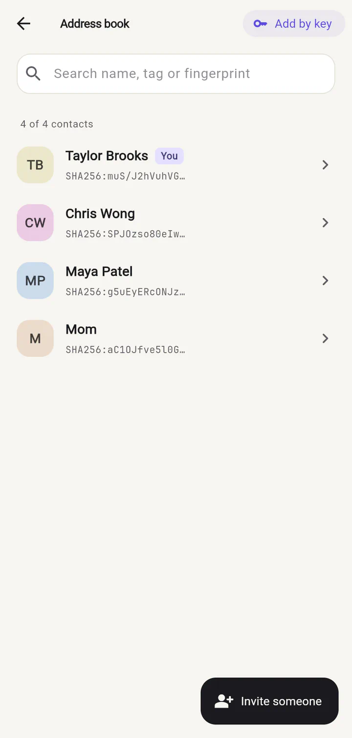 Whisper's address book with Mom, Maya Patel and Chris Wong