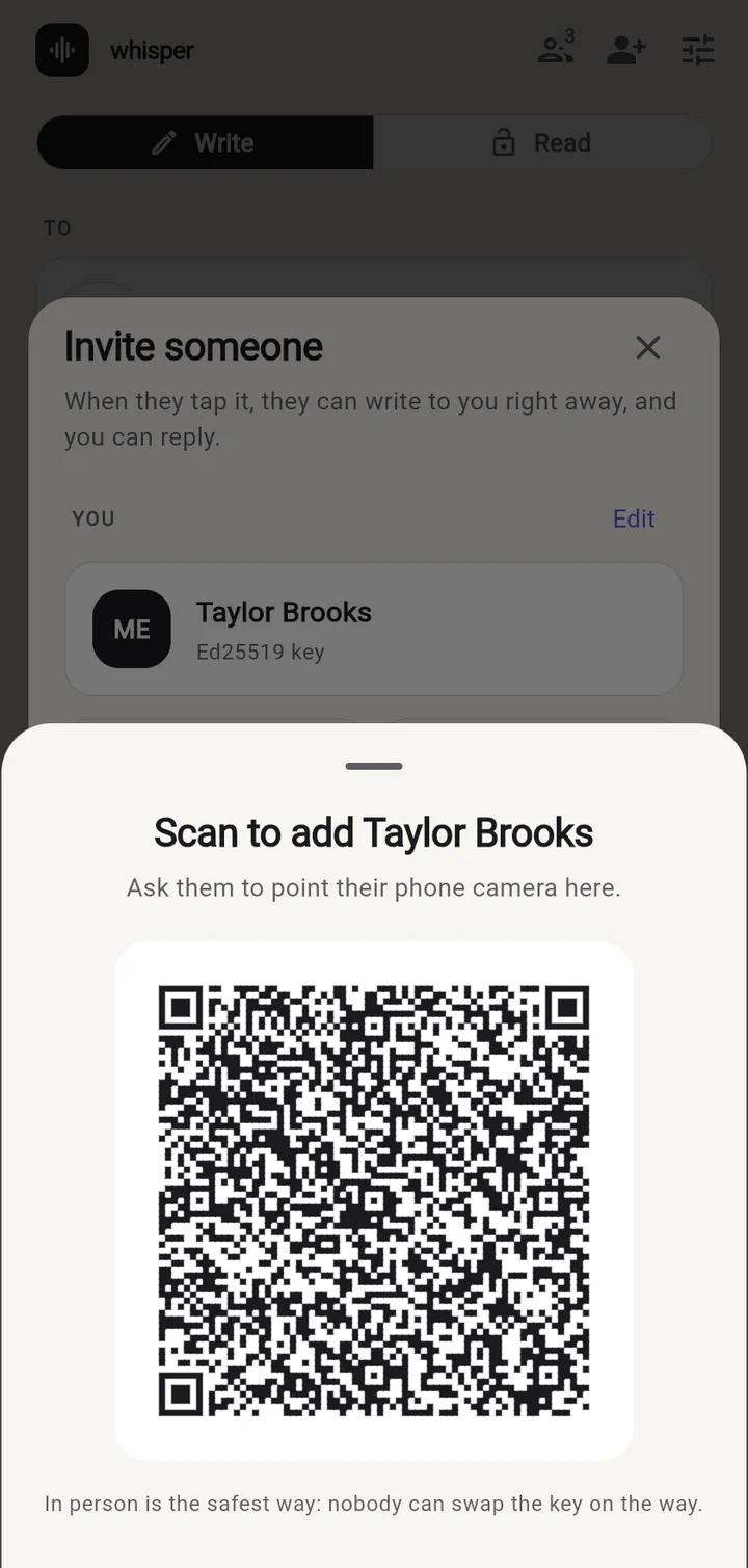 A QR code to scan in person