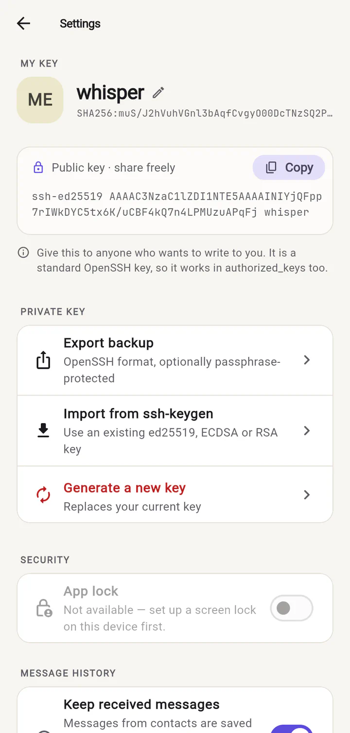 Whisper's settings showing the ssh-ed25519 public key with export and import options