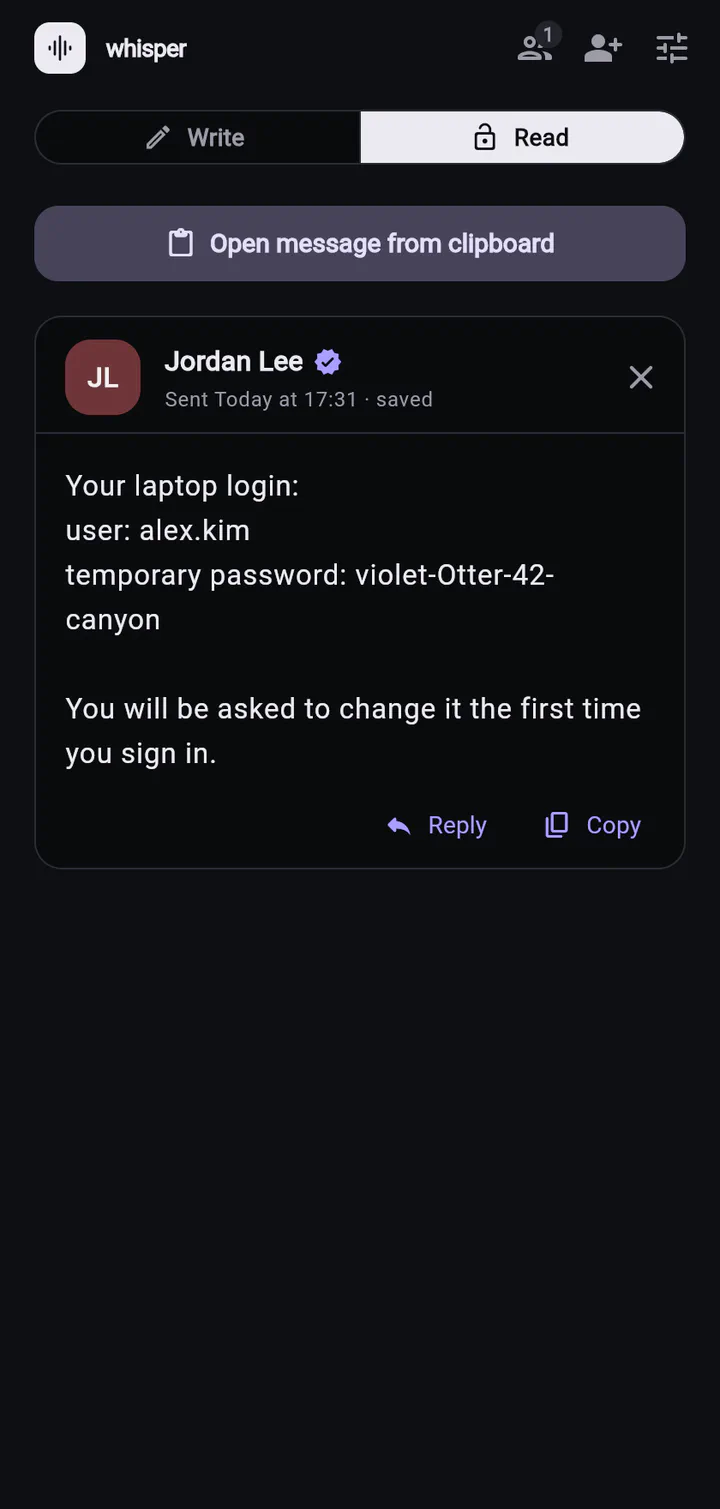 Alex reading the temporary password, with a verified check mark next to Jordan's name