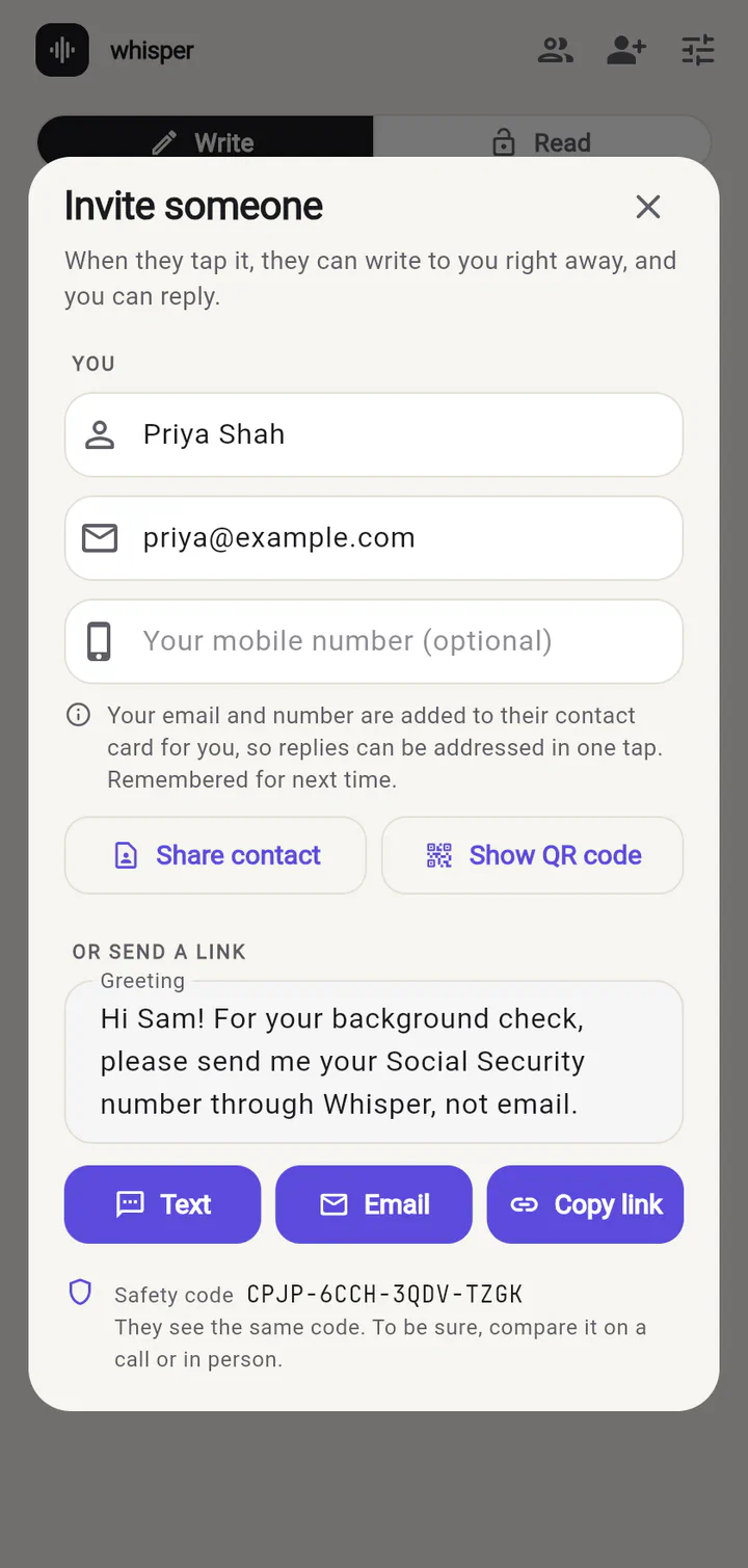 The Invite someone screen with a greeting and Text, Email and Copy link buttons