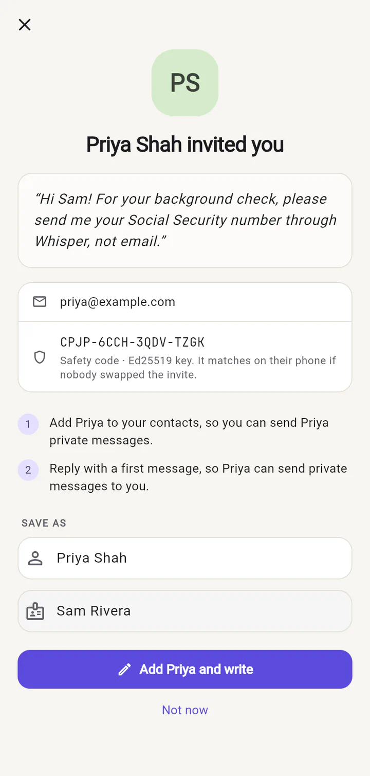 Whisper showing an invite from Priya Shah asking for a Social Security number