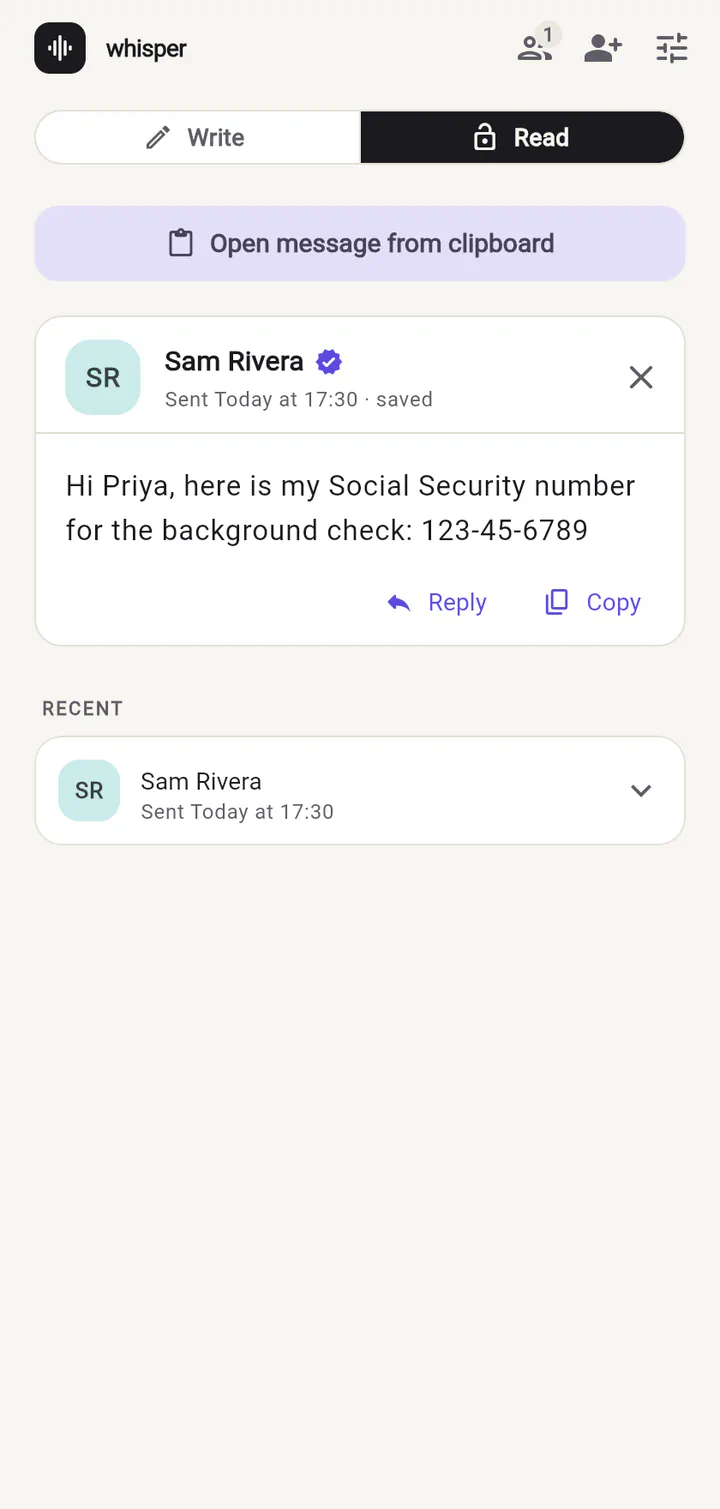 Whisper showing a private message with a Social Security number from Sam Rivera, with a verified badge