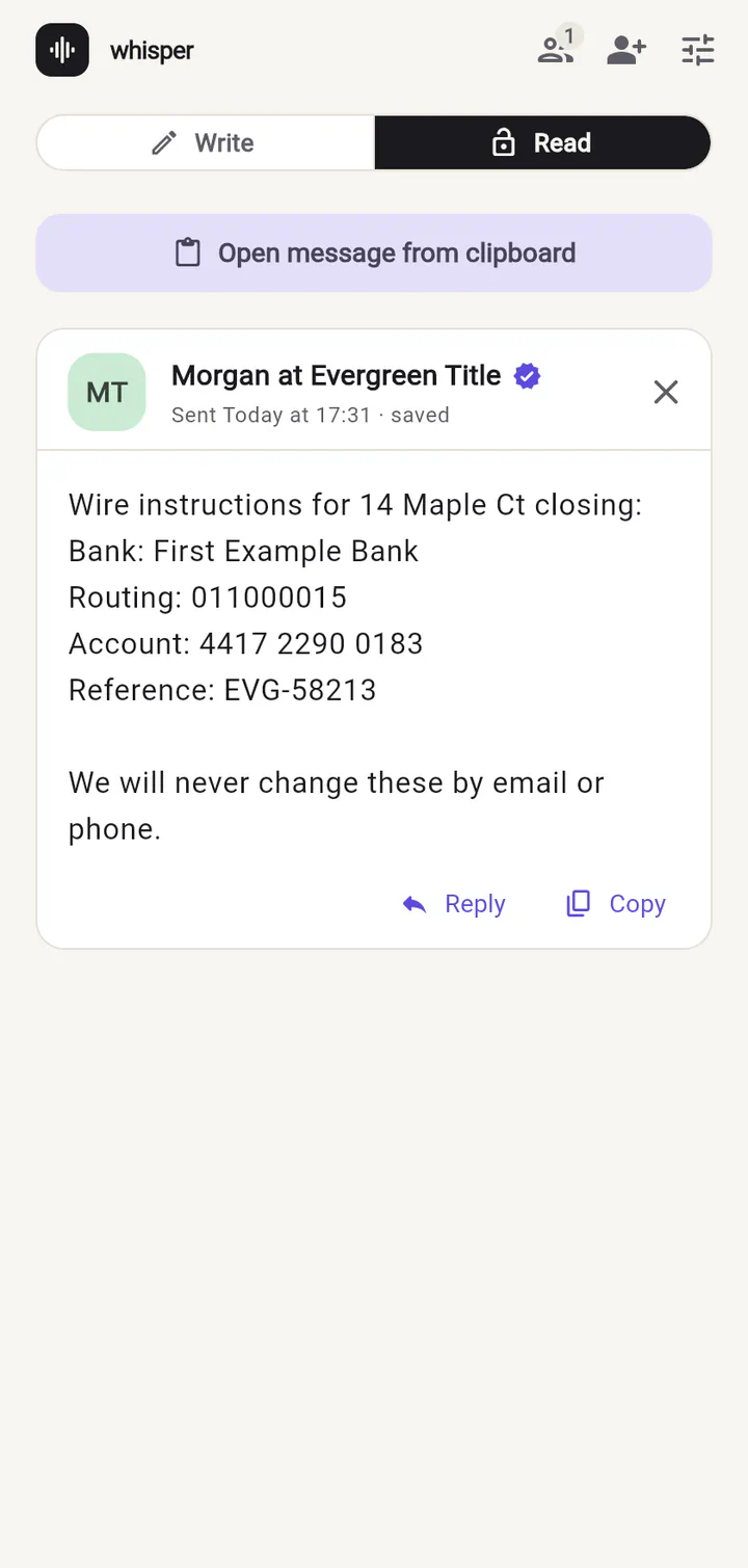 Wire instructions opened in Whisper, from Morgan at Evergreen Title, with a verified check mark